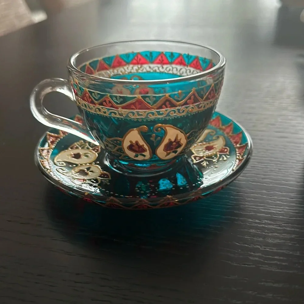 Paisley ornament handmade glass with saucer and cover
